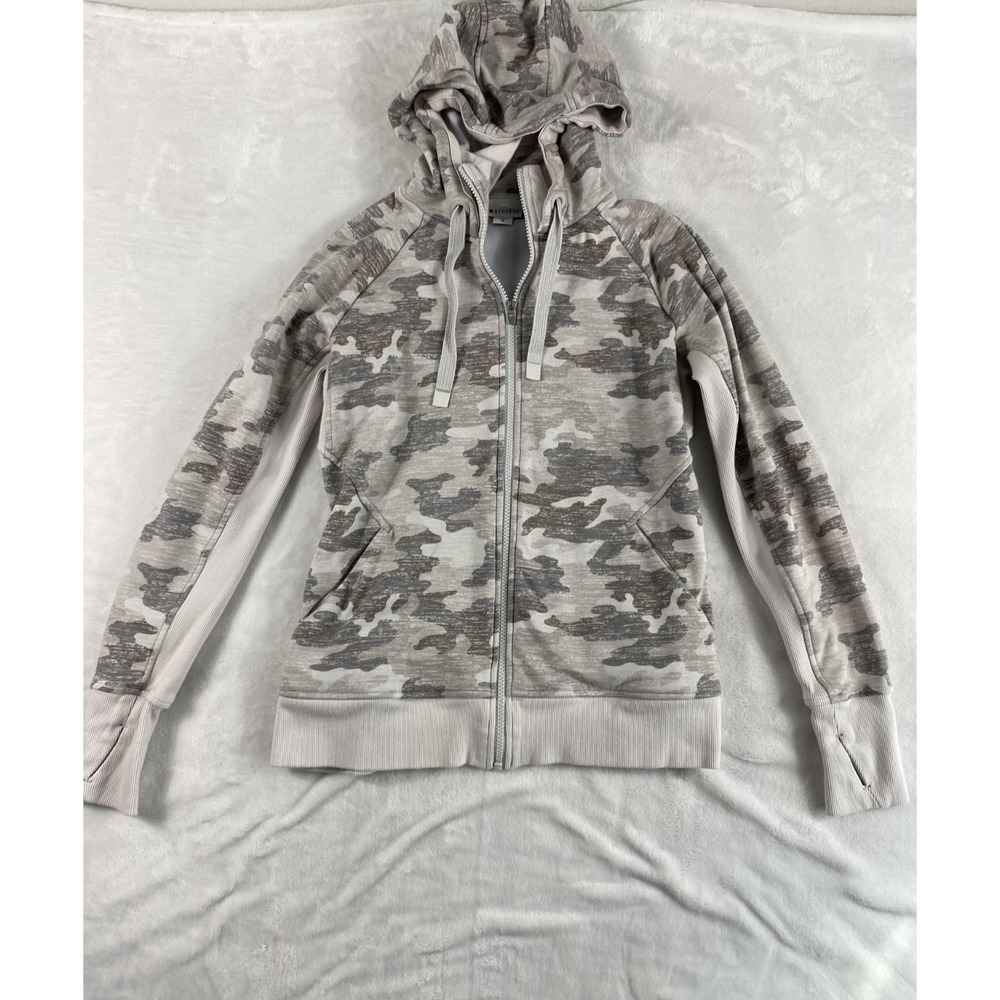 Athleta Hoodie Zip Up Sweater Women Sz S Gray Camo Running Yoga Workout
